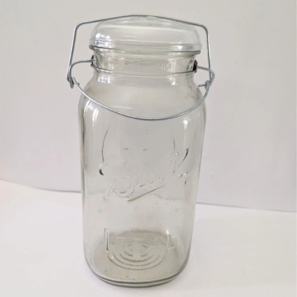 Vintage 1 Gallon Ball Ideal Clear Glass Mason Jar Wire Bail Lid Eagle Logo
